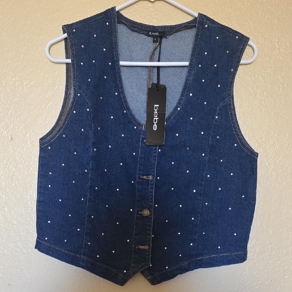Bebe Blue Denim Vest with Tan Stitching